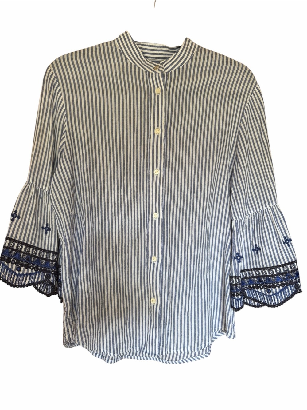 RL Boho Embroidered Bell Sleeved Strip Button Up